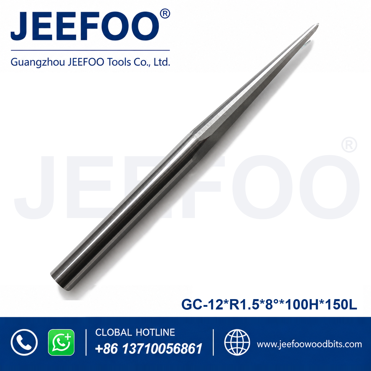 GC-12 x R1.5 x 8° x 100H x 150L Heavy-DutyTaper Ball End Mill for Wood Relief