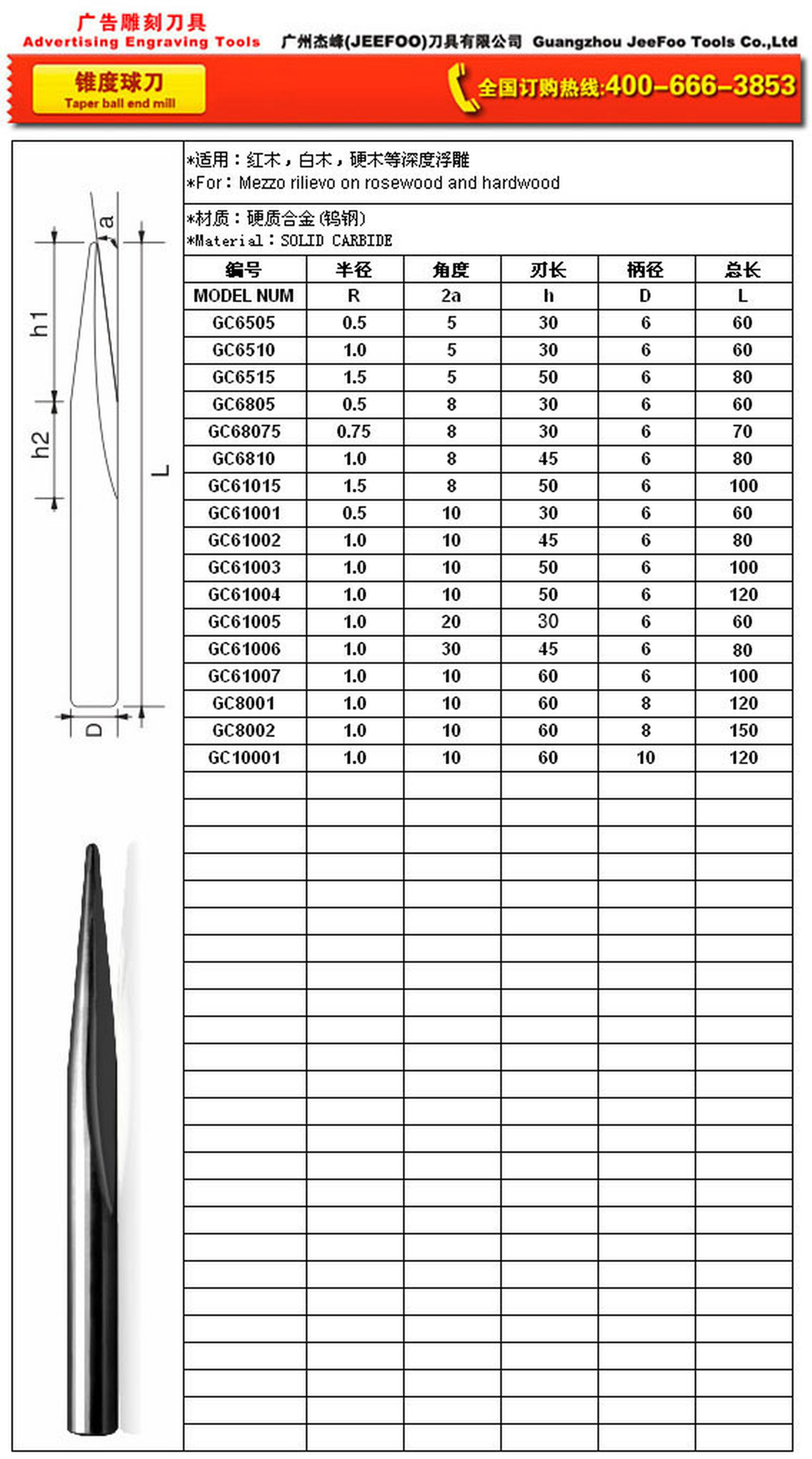 GC-6 x R0.5 x 10° x 120L Long-Reach Taper Ball End Mill for Deep Relief Engraving product catalog page